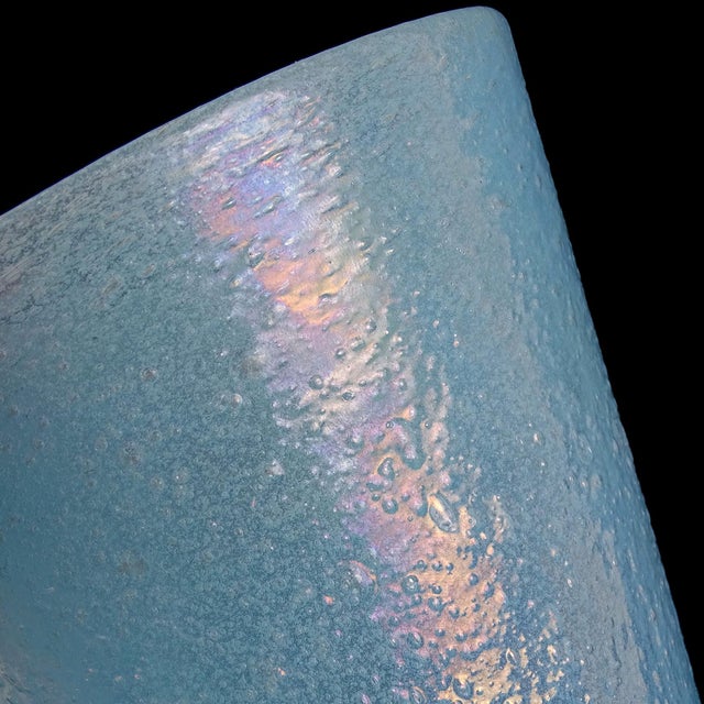 Glass Antique Murano AVeM Label 1930s Blue Iridescent Pulegoso Bubbles Italian Art Deco Glass Decorative Flower Vase For Sale - Image 7 of 11