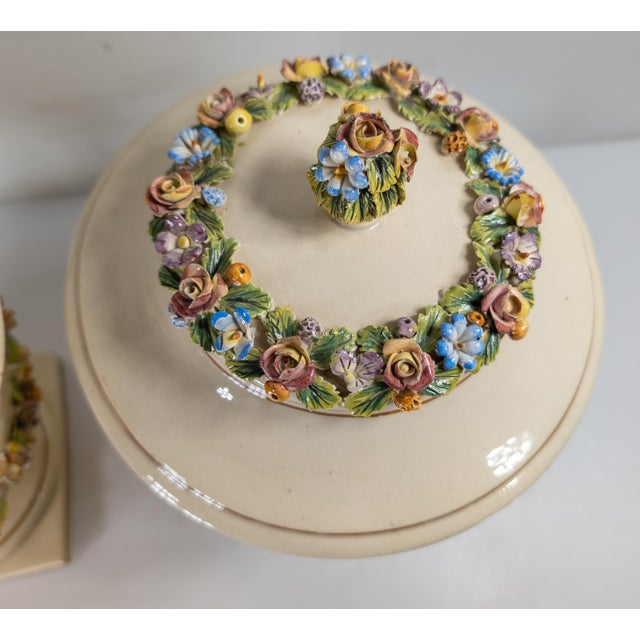 Mid-Century Pair of Italian Capodimonte or Nove Style Floral Covered Urns For Sale - Image 10 of 16
