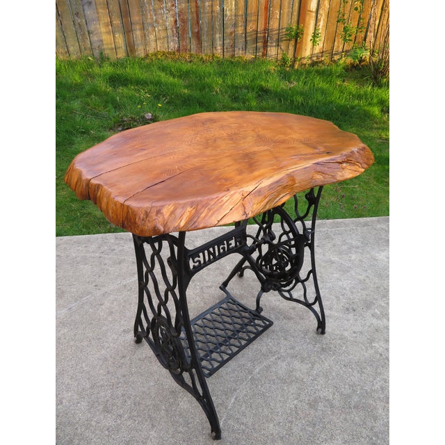 Antique Live Edge Cedar Wood Slab Side Table on Cast Iron Singer Treadle Base ~ Rustic Industrial Handmade Design For Sale - Image 13 of 15