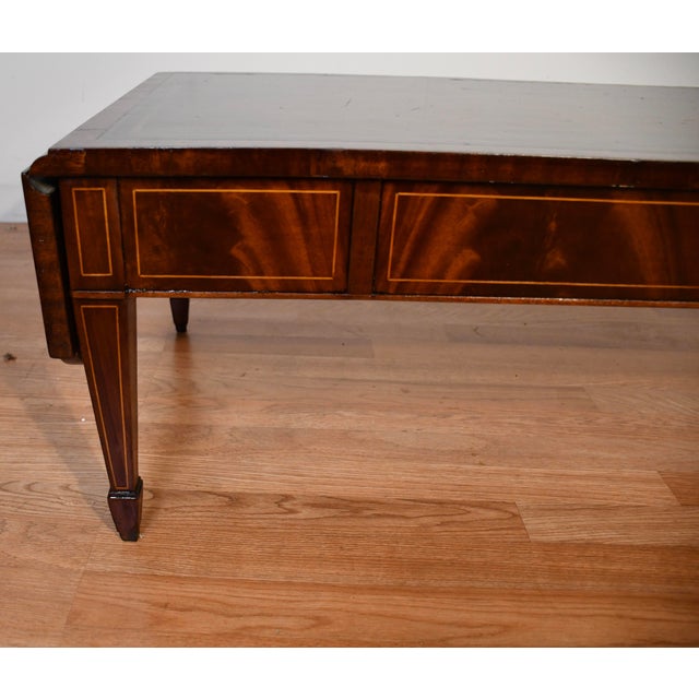 1930s Weiman English Regency Flame Mahogany Inlay Leather Top Drop Leaf Coffee Table For Sale - Image 9 of 18