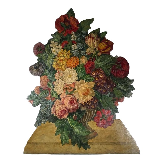 Antique English Painted Wood Firescreen Flower Basket Dummy Board. For Sale