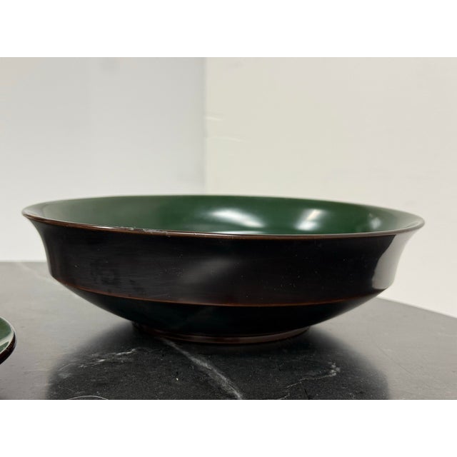 Late 20th Century Japanese Green Lacquerware Plates + Bowl, Set of Five For Sale - Image 5 of 12