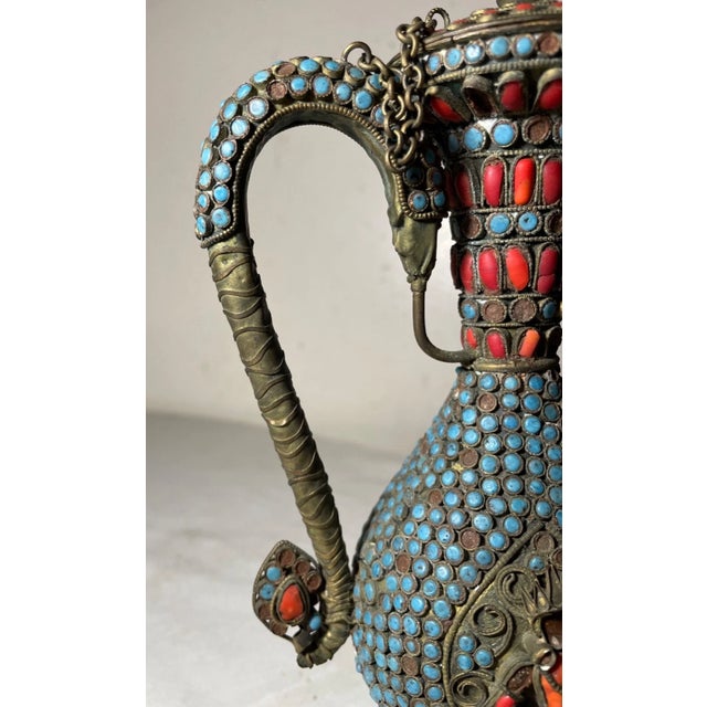Metal Antique Early 19th Century Handmade Tibetan Coral Turquoise Bronze Pitcher Pot For Sale - Image 7 of 12