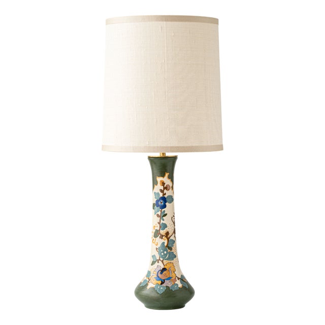 Art Nouveau Ceramic Table Lamp by Arnhem, 1920, with New Silk Lampshade, 1890s For Sale