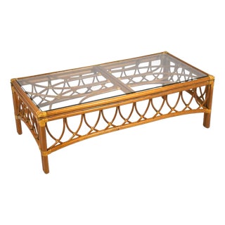 McGuire Rattan Coffee Table with Glass Top For Sale