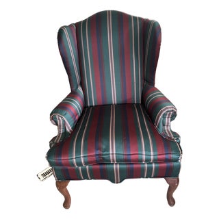 Stripped Upholstered Queen Anne Wingback Chair For Sale