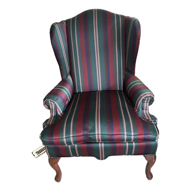 Stripped Upholstered Queen Anne Wingback Chair For Sale