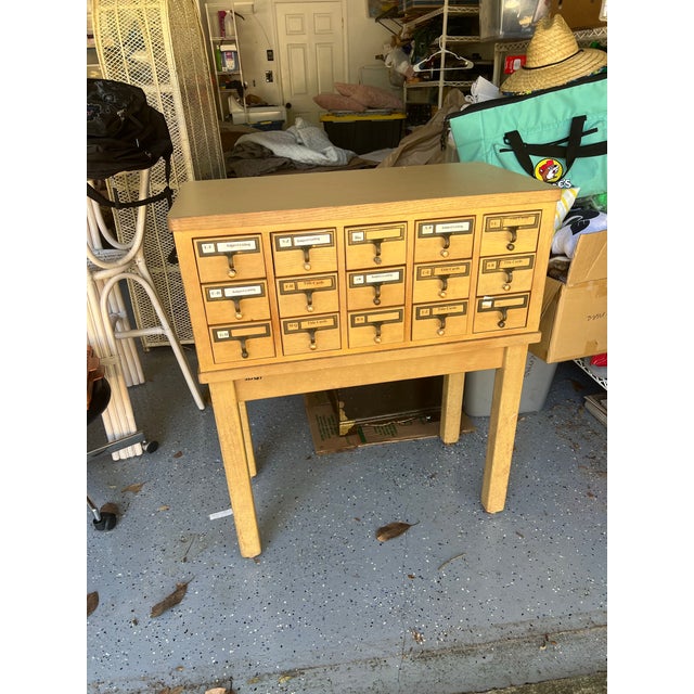Vintage 15-Drawer Library Card Catalog Cabinet on Stand – Mid-Century Library Furniture For Sale - Image 12 of 12