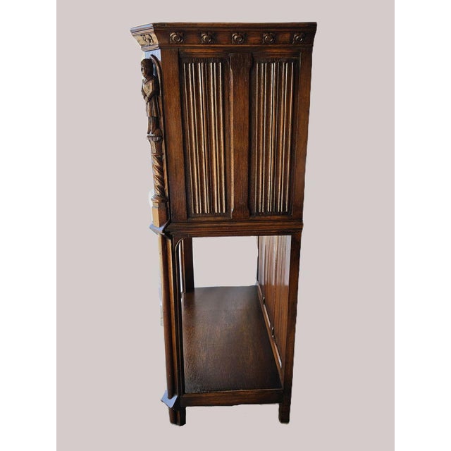 Antique Flemish-Style Gothic Revival Carved Oak Pass-Through Credence Cabinet, C. 1900. For Sale - Image 12 of 16