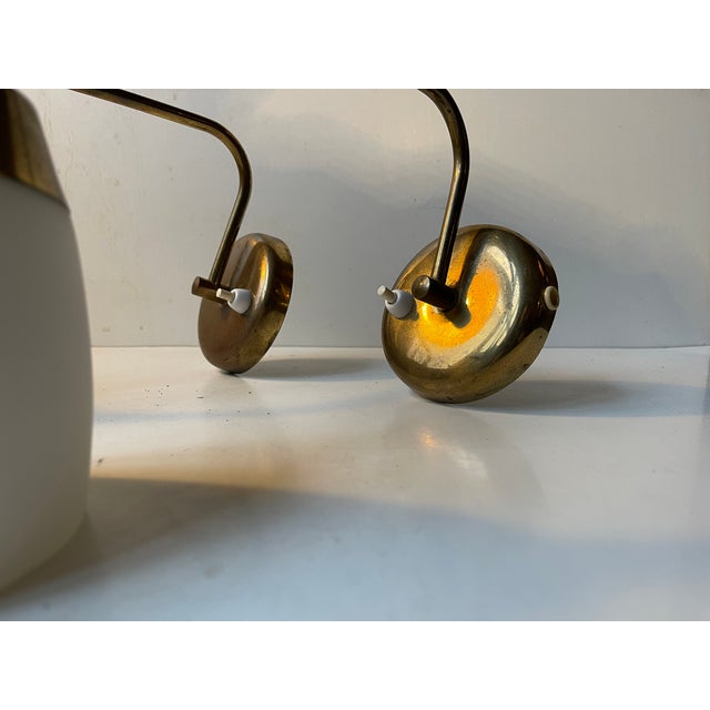 Mid-Century Swedish Adjustable Wall Lamps in Brass and White Glass, 1960s, Set of 2 For Sale - Image 4 of 10