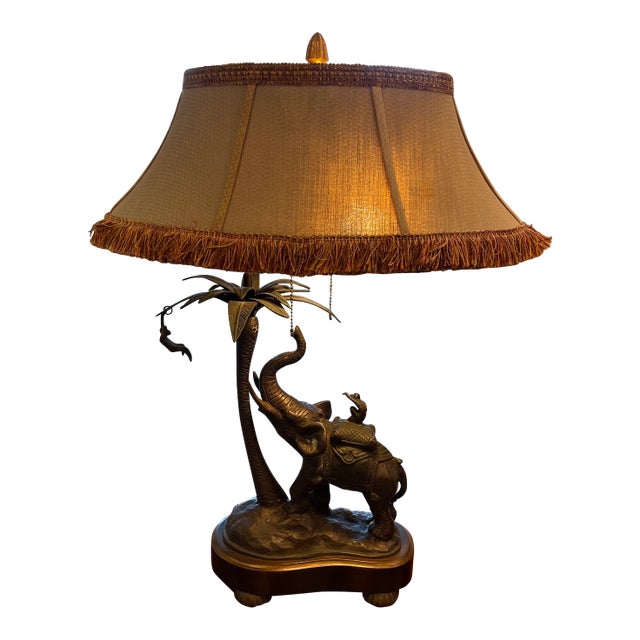 Mint Vintage Wildwood/Federick Cooper Hollywood Regency Heavy Bronze Elephant, Palm Tree & Monkey Table Lamp From Their Safari Collection For Sale
