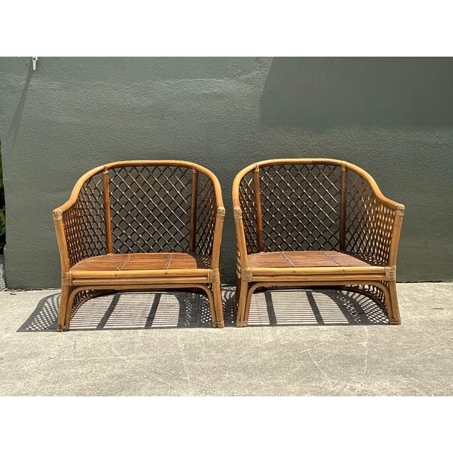 Vintage Trellis Rattan Lounge Chairs - A Pair For Sale - Image 9 of 12