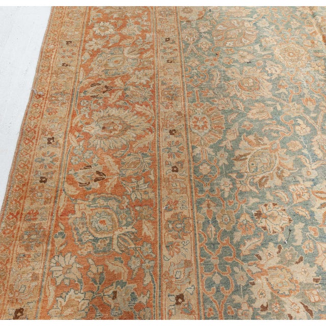 Authentic 19th Century Persian Tabriz Botanic Orange Grey-Blue Handmade Carpet For Sale - Image 4 of 7