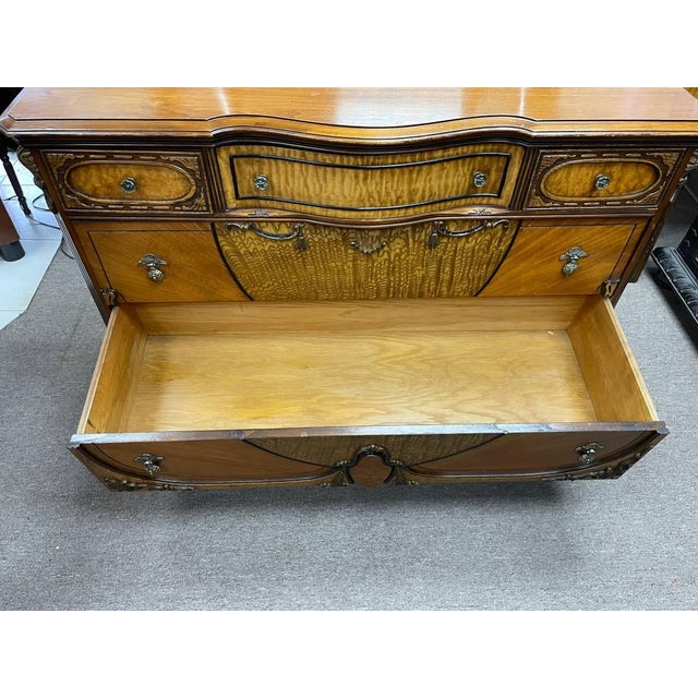 1930s Antique 1930's Bedroom Mirrored Dresser, Hand Carved Walnut, Burl Inlay, Beveled Glass, 5 Drawers For Sale - Image 5 of 15