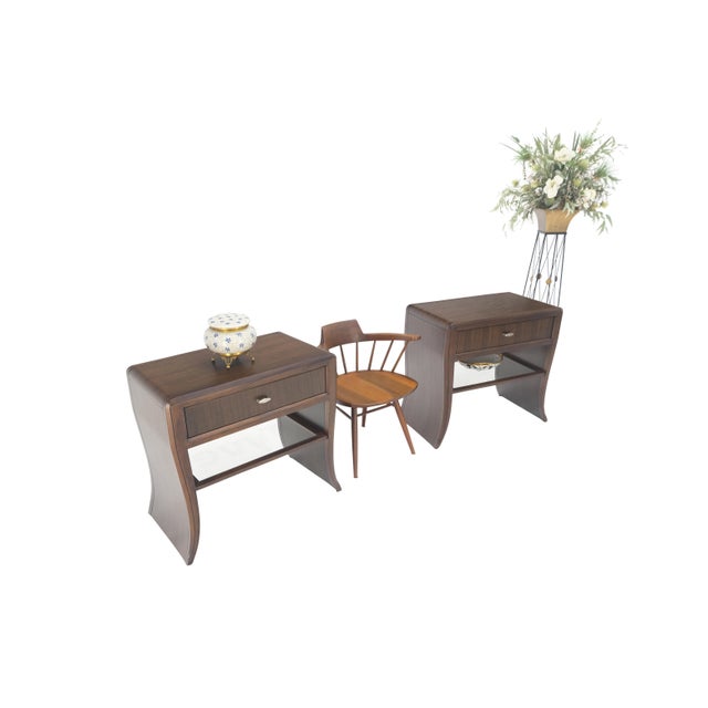 Pair Century Walnut Waterfall Brand New Old Stock Two Tier Night Tables Stands For Sale - Image 13 of 14