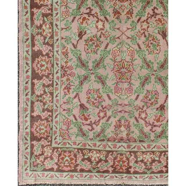 Turkish Pink, Ivory, Mocha Brown and Green Floral Design Mid-Century Turkish Oushak Rug For Sale - Image 3 of 9