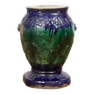 Antique Annamese Blue & Green Glazed Ceramic Garden Seat on Shaped Base