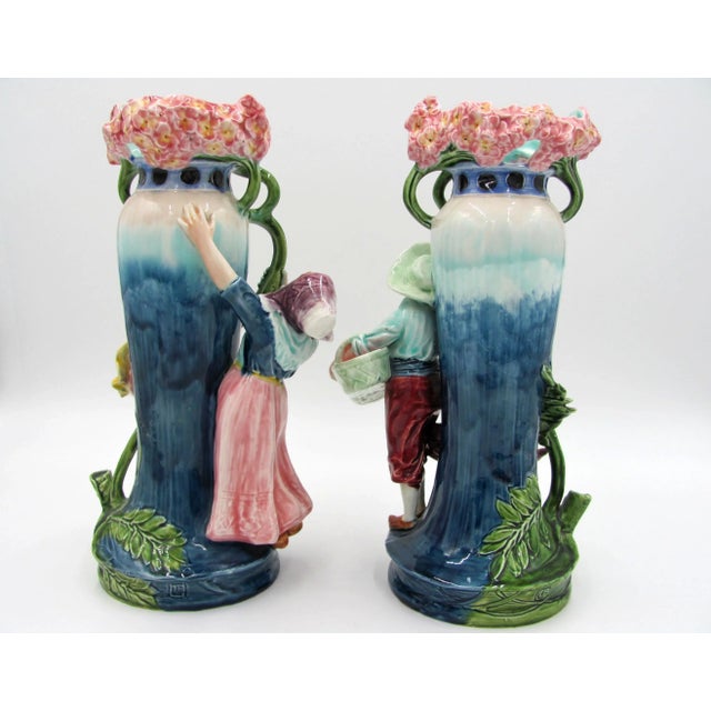 Antique Majolica Art Nouveau Figural Dutch Girl Boy Vases - a Pair For Sale - Image 4 of 13