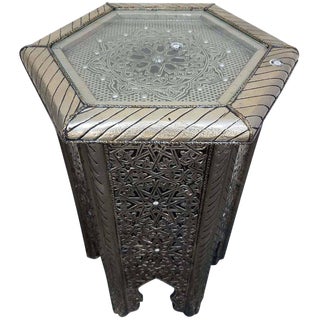Moroccan Hexagonal Metal Inlaid Side Table For Sale