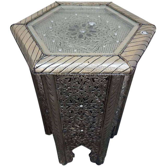 Moroccan Hexagonal Metal Inlaid Side Table For Sale