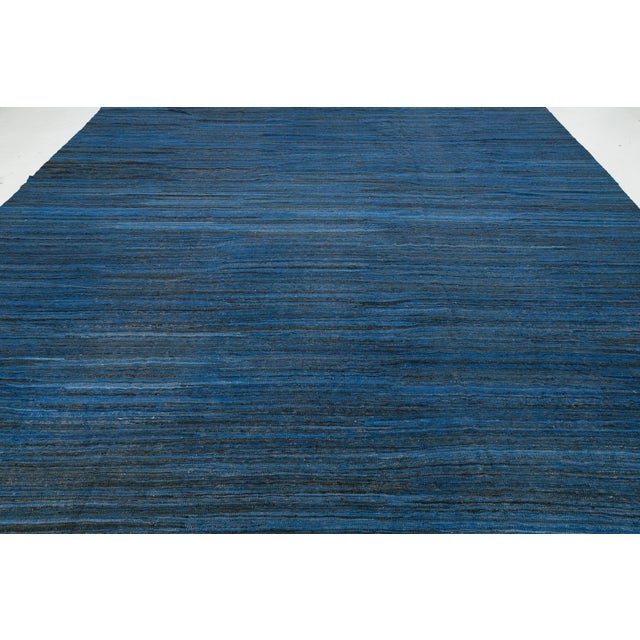 Modern Handmade Deep Indigo Wool Kilim Rug – Minimalist Contemporary Flatweave For Sale - Image 9 of 12