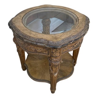 Late 20th Century French Louis XVI Style Carved Wood & Marble Glass Top Round Side Table For Sale