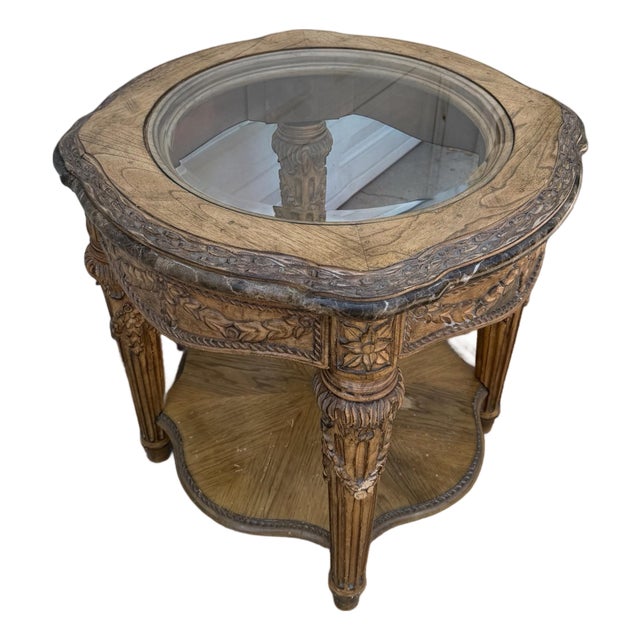 Late 20th Century French Louis XVI Style Carved Wood & Marble Glass Top Round Side Table For Sale