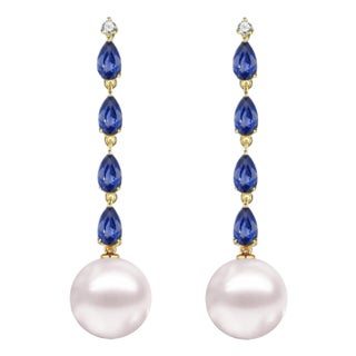 Nina Zhou 2.45ctw Sapphire Diamond and Pearl Convertible Drop Earrings in 14k Yellow Gold, a Pair For Sale