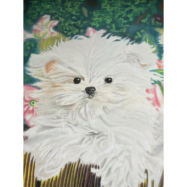 Illustration 1970’s Original Pastel Drawing 2 Maltese Puppies in Garden Signed For Sale - Image 3 of 5