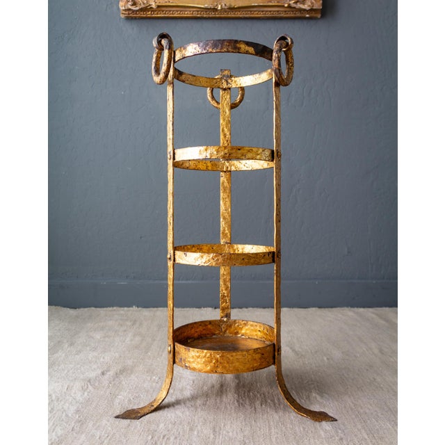 Neoclassical Umbrella Stand of Gilded and Hammered Iron on Footed Base For Sale - Image 13 of 18