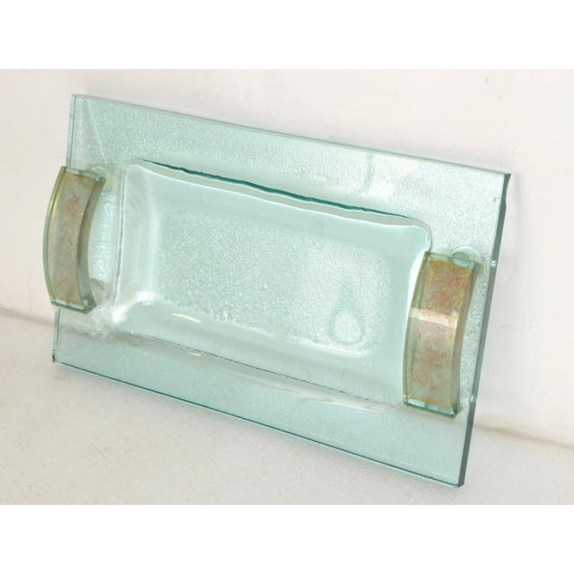 Mid-Century Modern Fontana Arte Glass Beveled & Gold Infused Rectangle Footed Serving Tray Italy For Sale - Image 3 of 13