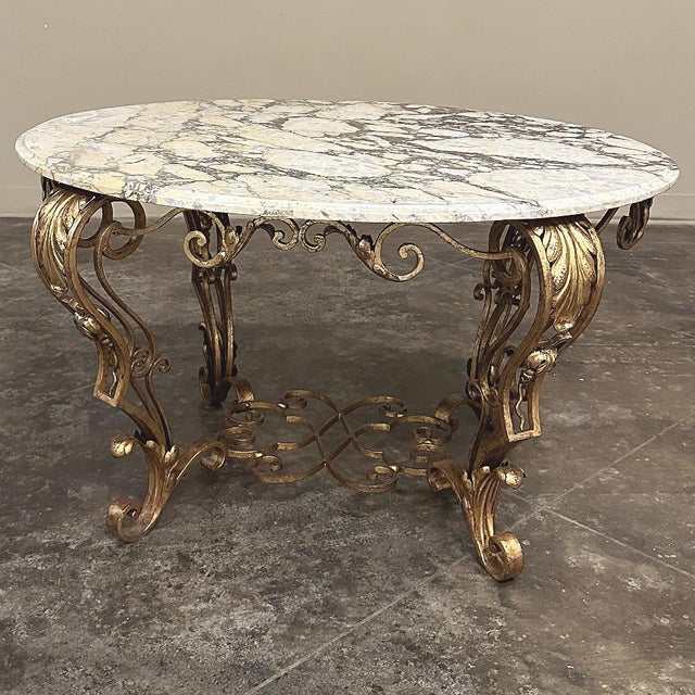 Metal Italian Gilt Iron Régence Style Oval Marble Top Coffee Table For Sale - Image 7 of 17