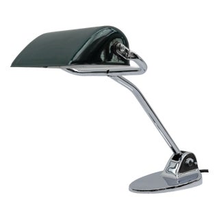 Bauhaus Chrome and Green Enamel Banker Lamp by Jacobus, 1930s For Sale