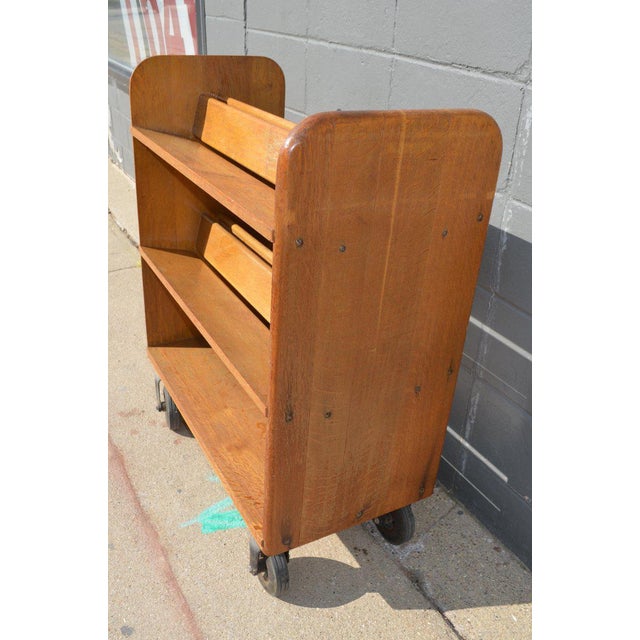 Midcentury Oak Book Cart With Slanted Shelves on Wheels From Public