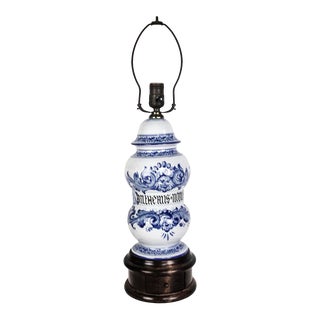 Vintage Blue & White Lamp With Latin Inscription - Secret Drawer For Sale