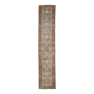 Antique Oriental Rug Runner - Hand-Knotted Wool, Muted Blue & Terracotta 3x16 For Sale