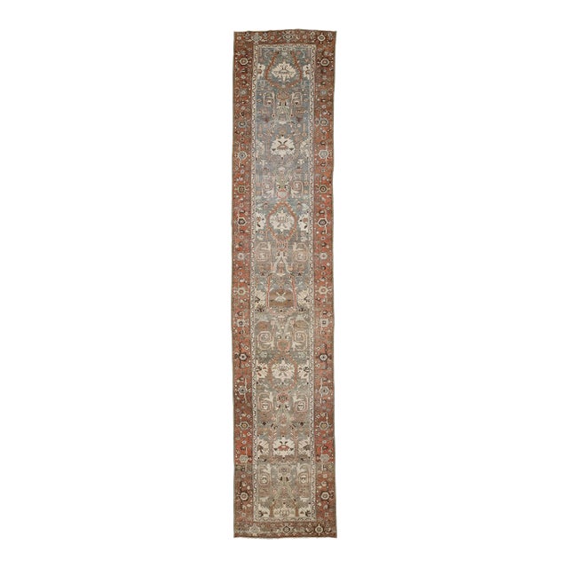 Antique Oriental Rug Runner - Hand-Knotted Wool, Muted Blue & Terracotta 3x16 For Sale