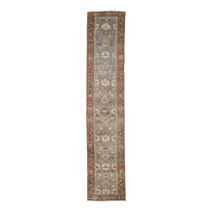 Antique Oriental Rug Runner - Hand-Knotted Wool, Muted Blue & Terracotta 3x16