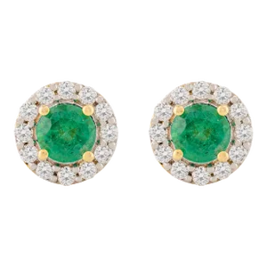 Round Emerald and Halo Diamond Stud Earrings, 2 Pieces