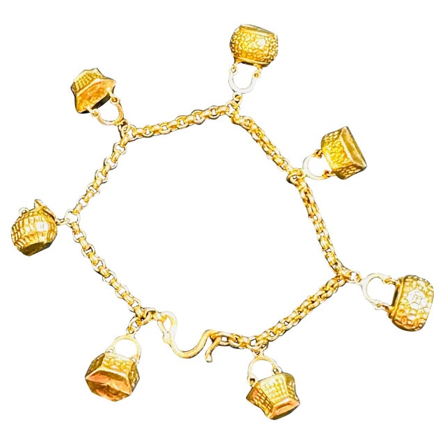 24 Karat Yellow Pure Gold 15.5 Gm Charm Bracelet with 7 Basket Charms For Sale - Image 15 of 18