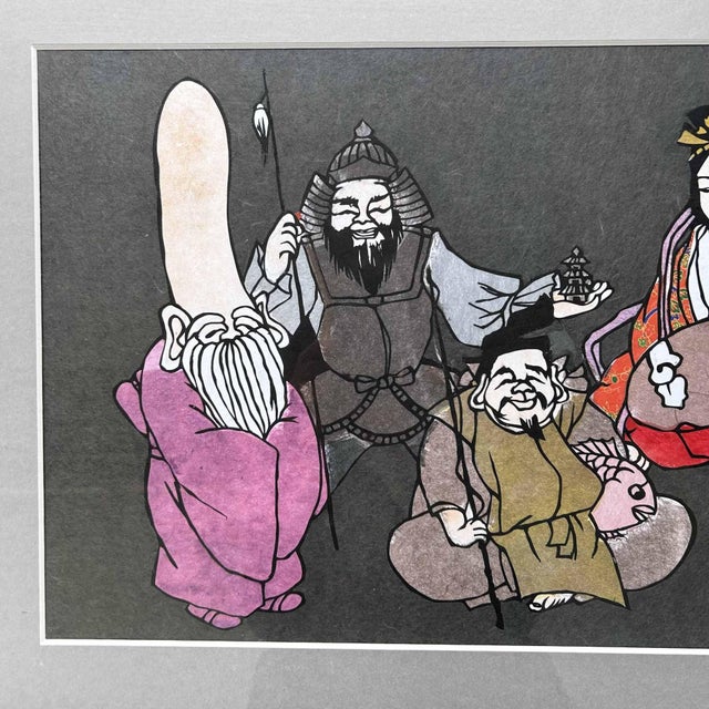 A vibrant and decorative wall display depicting the Seven Lucky Gods (Shichifukujin) of Japan. Dimensions: height 47.5 cm,...