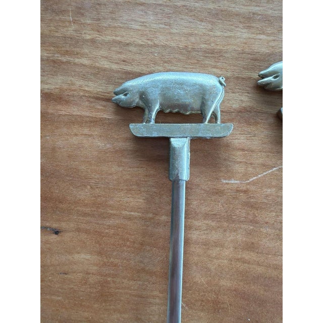 Vintage Mid-Century Brass Farm Animal Finial BBQ Shish Kebab Skewers Set of 8 For Sale In Los Angeles - Image 6 of 7
