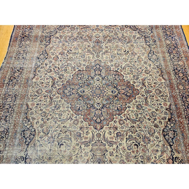 19th Century Persian Kashan Rug, Hand-Knotted Wool & Cotton, Floral Design, Ivory & Navy, 9x12 For Sale - Image 13 of 18