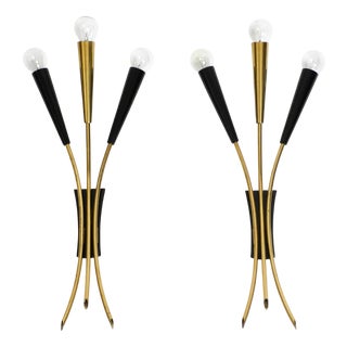 Large Mid-Century Modern Brass Three-Light Cone Wall Lamps, 1950s, Set of 2 For Sale