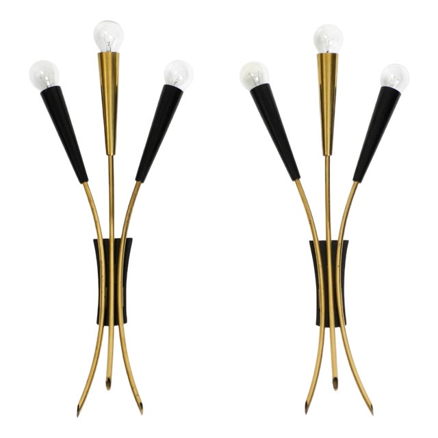 Large Mid-Century Modern Brass Three-Light Cone Wall Lamps, 1950s, Set of 2 For Sale