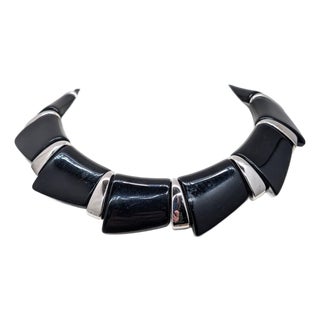 Vintage 1988 Signed Napier Rhodium Plated Black Wedge Collar Necklace For Sale