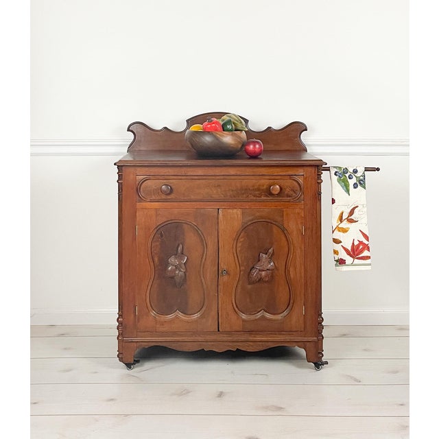 Victorian Antique Walnut Restored Washstand / Vanity / Curved Fruit / Casters/ Circa 1870 For Sale - Image 3 of 12