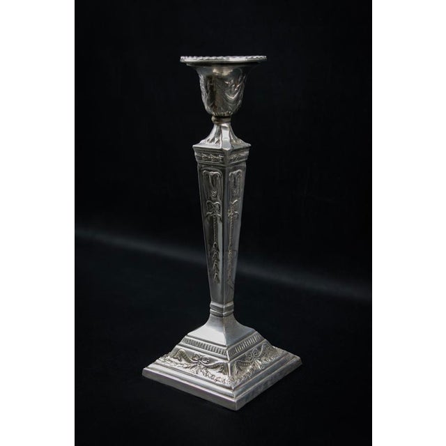 Early 20th Century Neo-Classical Adam Revival Silver-Plated Metal Candlesticks, Europe, Set of 2 For Sale - Image 7 of 13