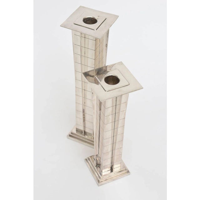 Vintage Silver Plate Deco Style "Skyscraper" Candlesticks 1960's For Sale - Image 10 of 11