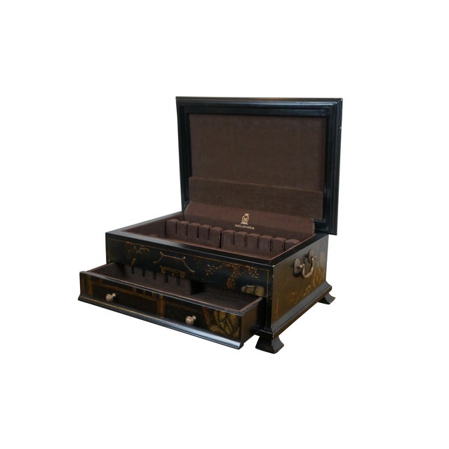 Late 20th century black lacquered chinoiseries silverware chest by Maitland Smith. Features a scene of familial figures in...